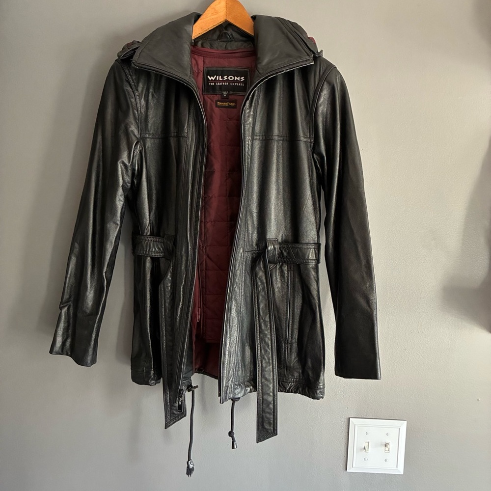 Wilson’s Black Leather Hooded & Belted Coat With Removable Liner &Hood Medium